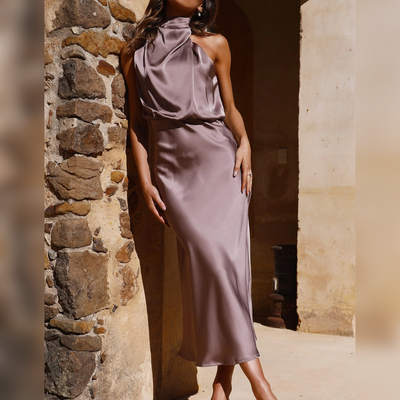 Azmara – Elegant Halter Neck Satin Maxi Dress