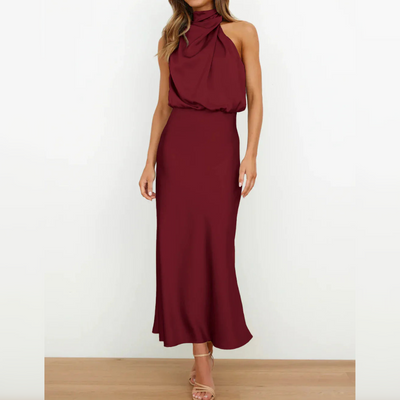Azmara – Elegant Halter Neck Satin Maxi Dress