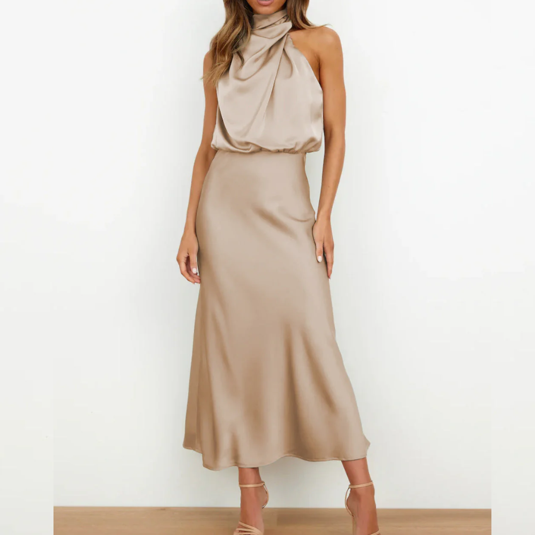 Azmara – Elegant Halter Neck Satin Maxi Dress