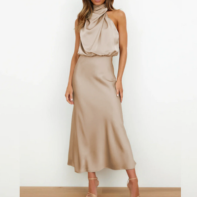Azmara – Elegant Halter Neck Satin Maxi Dress
