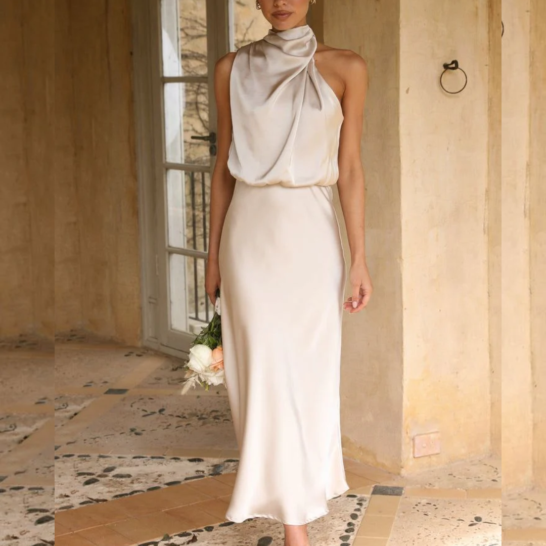 Azmara – Elegant Halter Neck Satin Maxi Dress