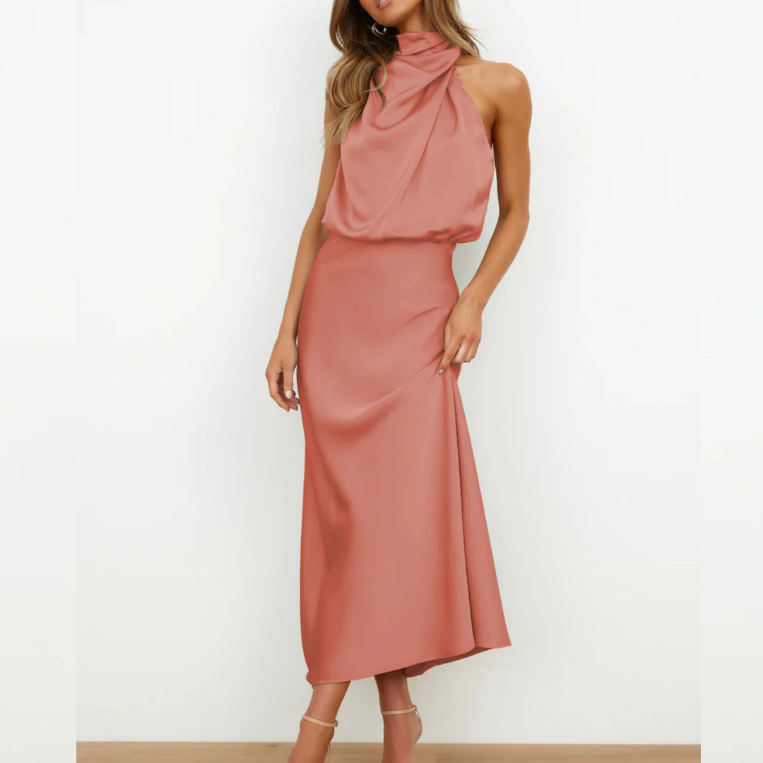 Azmara – Elegant Halter Neck Satin Maxi Dress
