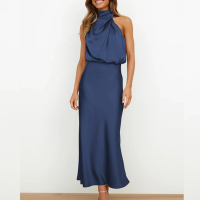 Azmara – Elegant Halter Neck Satin Maxi Dress