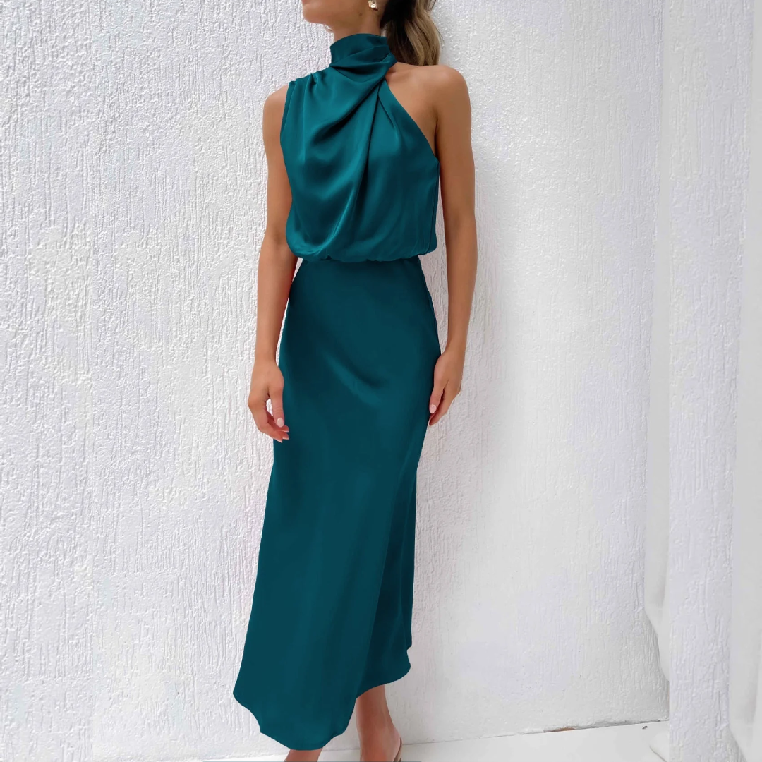 Azmara – Elegant Halter Neck Satin Maxi Dress